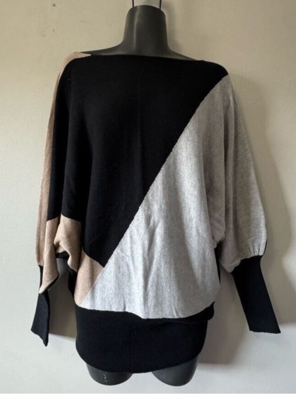 Joseph Black and Tan Crew Neck Sweater with Asymmetrical Design, Batwing sleeve